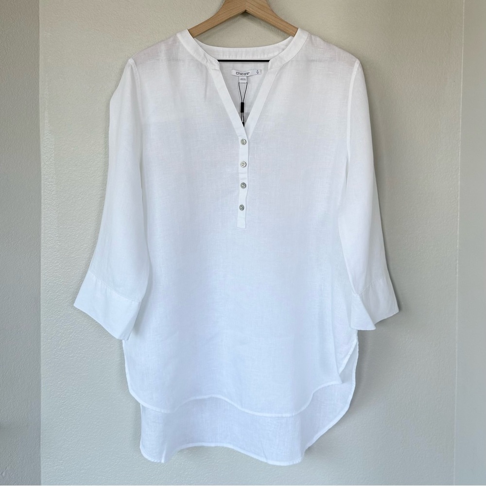 CHICO’S NWT 2 / Women’s L No Iron Linen Tunic in Optic White • Neutral Blouse - Picture 3 of 11